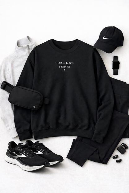 God is Love Minimalist Crewneck Sweatshirt | Small Chest Embroidery
